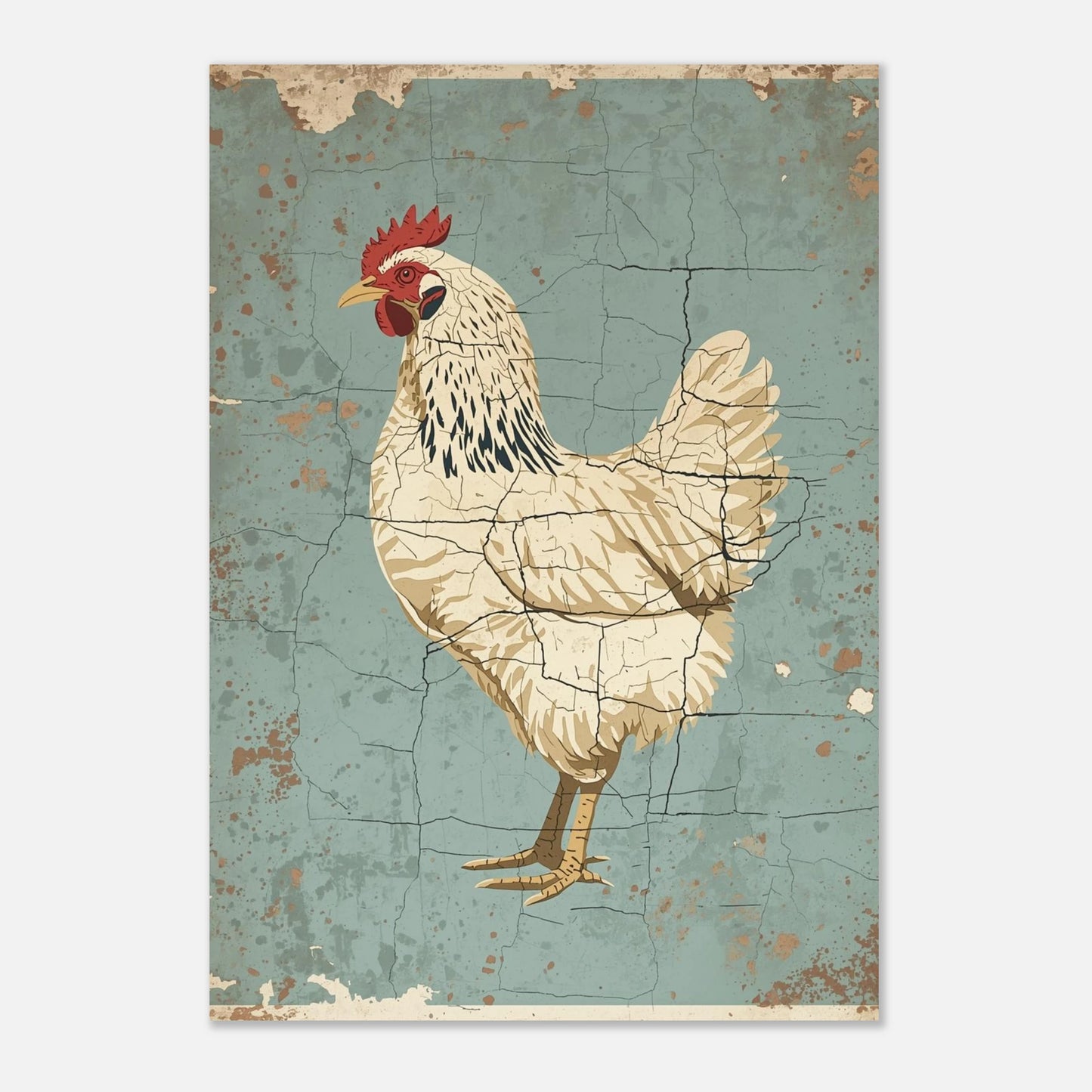 Vintageinspirerad poster av en höna med detaljerad fjäderdräkt och sprucken bakgrund