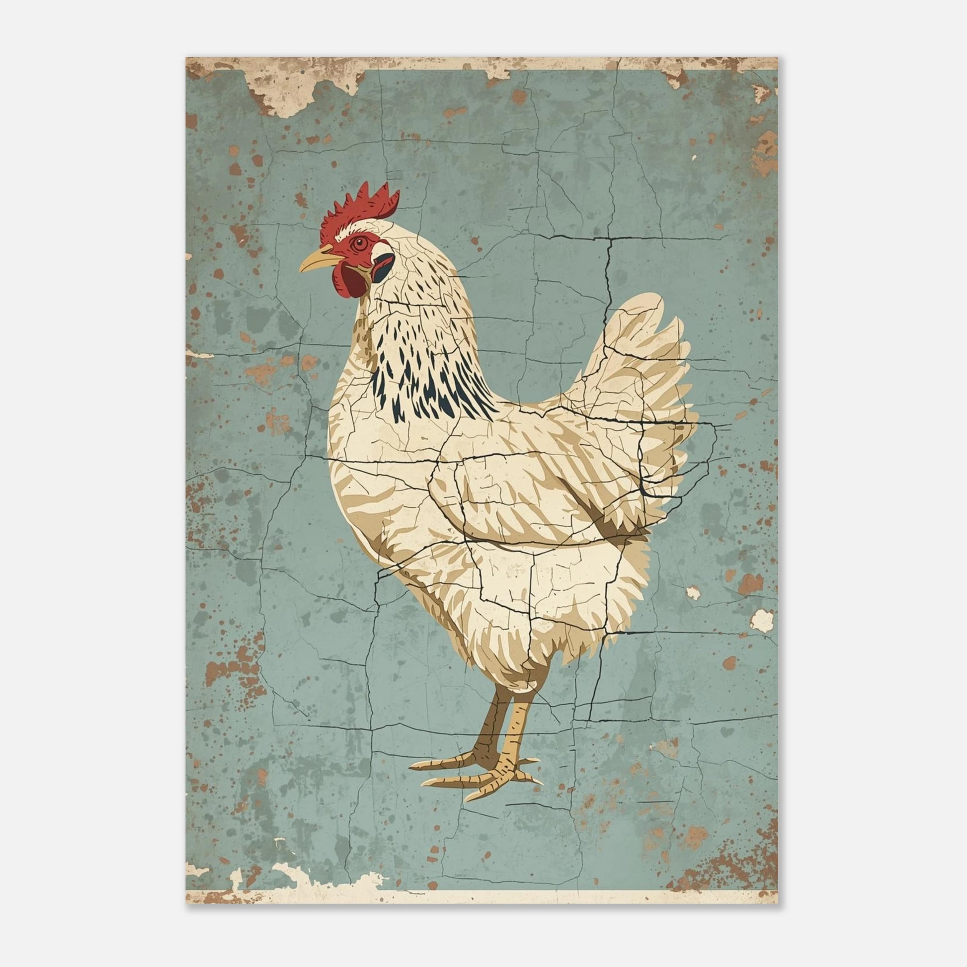 Vintageinspirerad poster av en höna med detaljerad fjäderdräkt och sprucken bakgrund