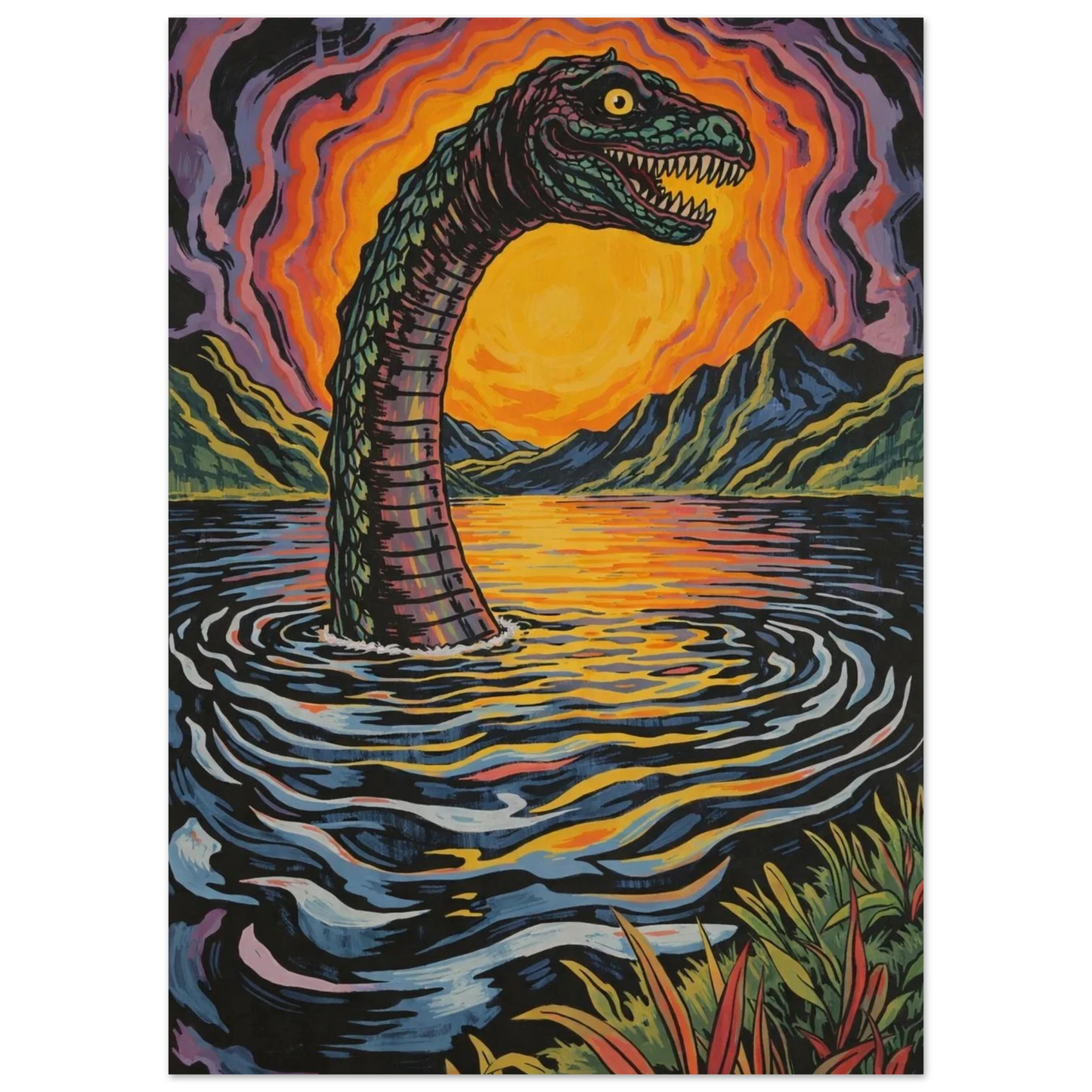 Detaljrik tavla föreställande Nessie i ett dramatiskt bergslandskap vid vatten