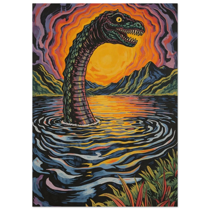 Detaljrik tavla föreställande Nessie i ett dramatiskt bergslandskap vid vatten