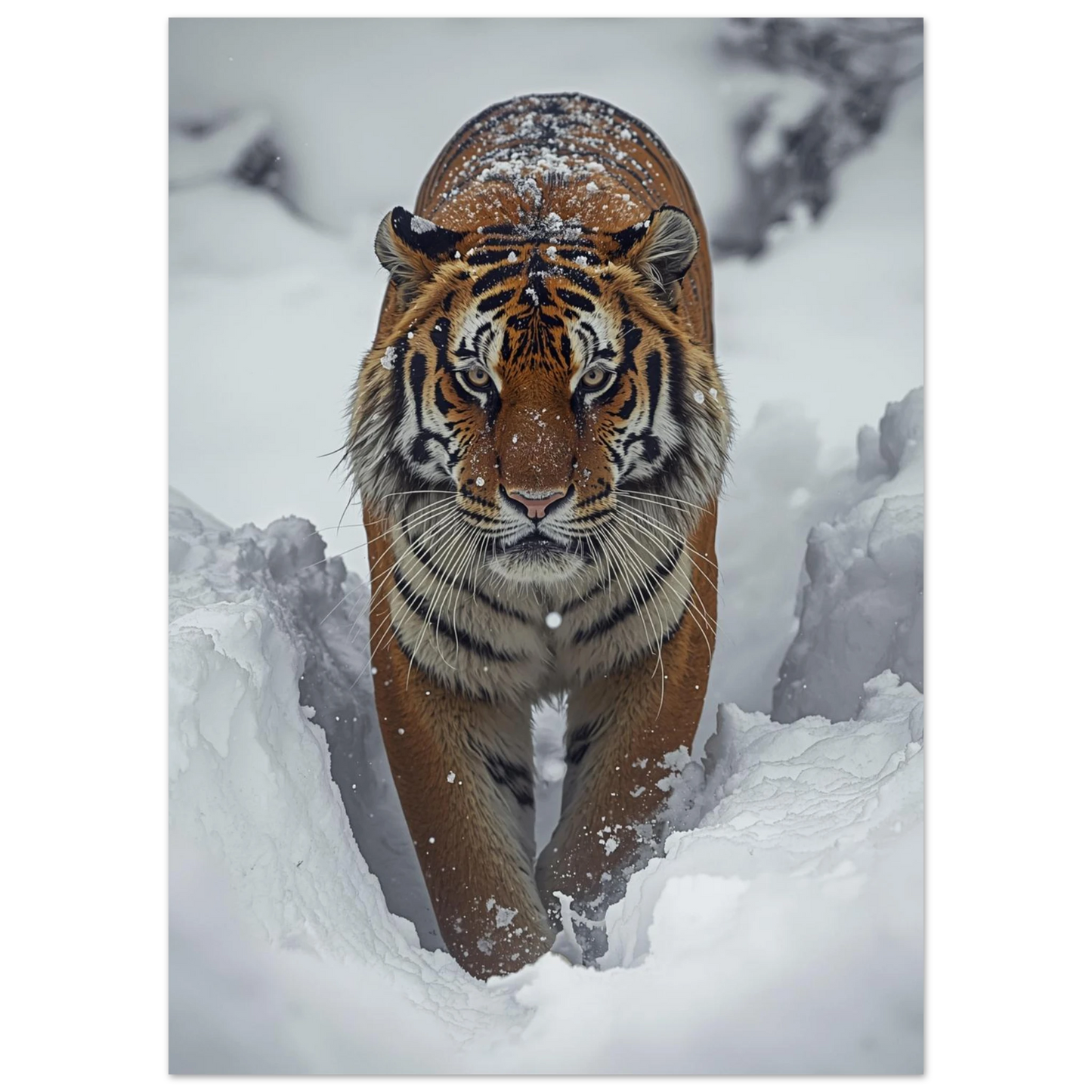 Närbild på en tiger med snö i pälsen och intensiv blick