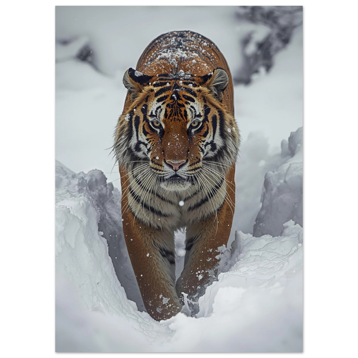 Närbild på en tiger med snö i pälsen och intensiv blick