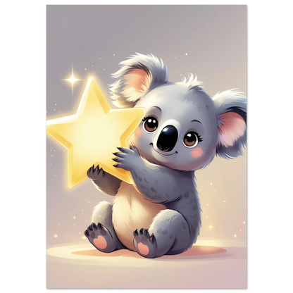 Magisk djurposter med en sittande koala och gnistrande stjärnhimmel i bakgrunden