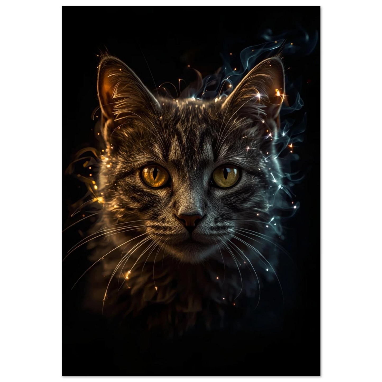 Närbild av katt med glödande blick och rökiga ljuseffekter, fantasy-stil