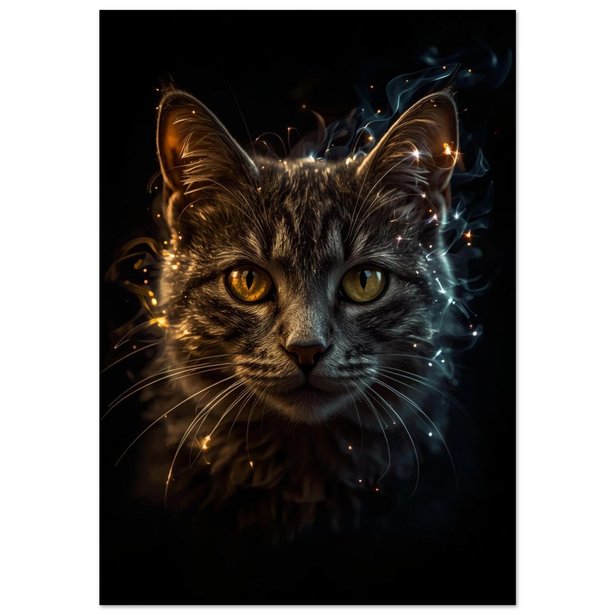 Närbild av katt med glödande blick och rökiga ljuseffekter, fantasy-stil