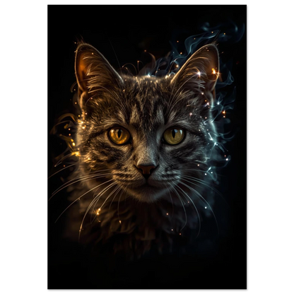 Närbild av katt med glödande blick och rökiga ljuseffekter, fantasy-stil