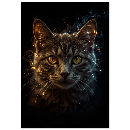 Närbild av katt med glödande blick och rökiga ljuseffekter, fantasy-stil