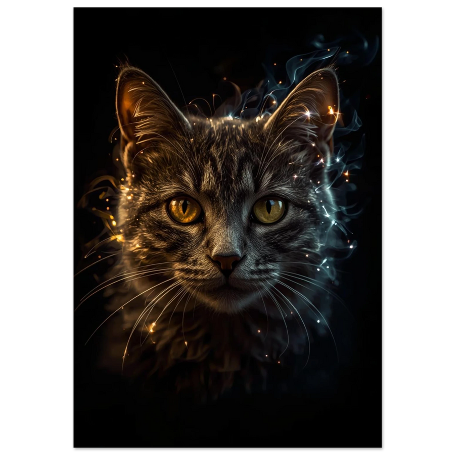 Närbild av katt med glödande blick och rökiga ljuseffekter, fantasy-stil