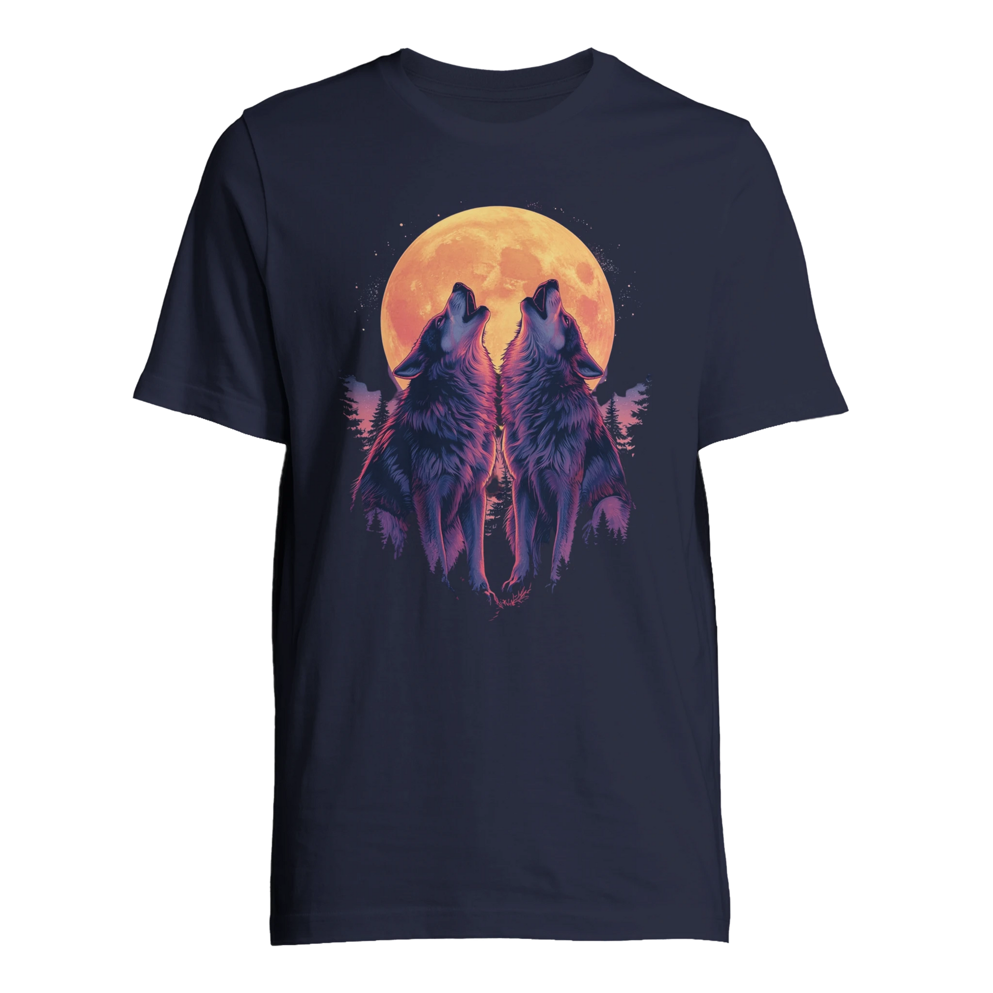 Ylande vargar mot måne på blå T-shirt – Tecknad T-shirt