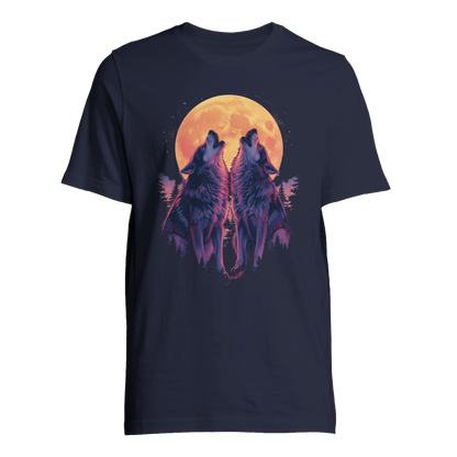 Ylande vargar mot måne på blå T-shirt – Tecknad T-shirt