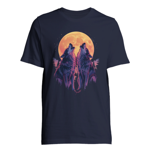 Ylande vargar mot måne på blå T-shirt – Tecknad T-shirt