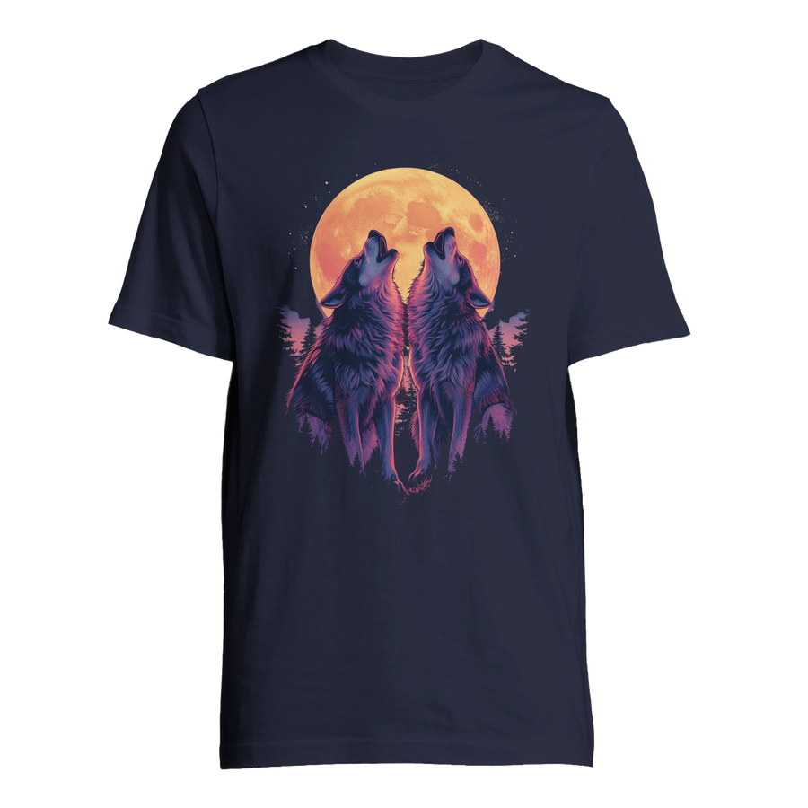 Ylande vargar mot måne på blå T-shirt – Tecknad T-shirt