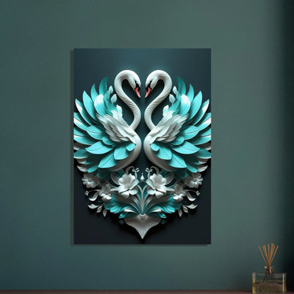 Svanar som bildar ett hjärta, elegant och symmetriskt djurmotiv med blommor.