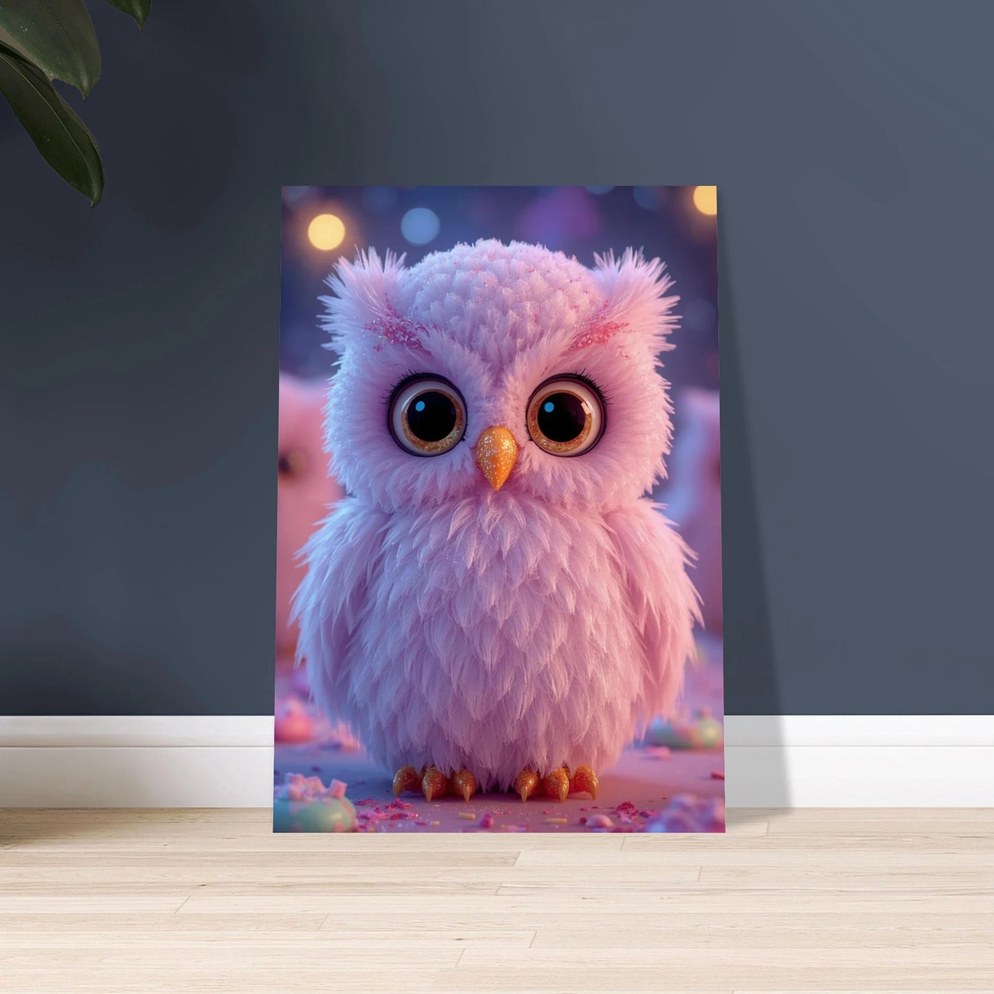 Sockersöt rosa uggla av sockervadd, stora ögon, glitter, drömlik stämning.