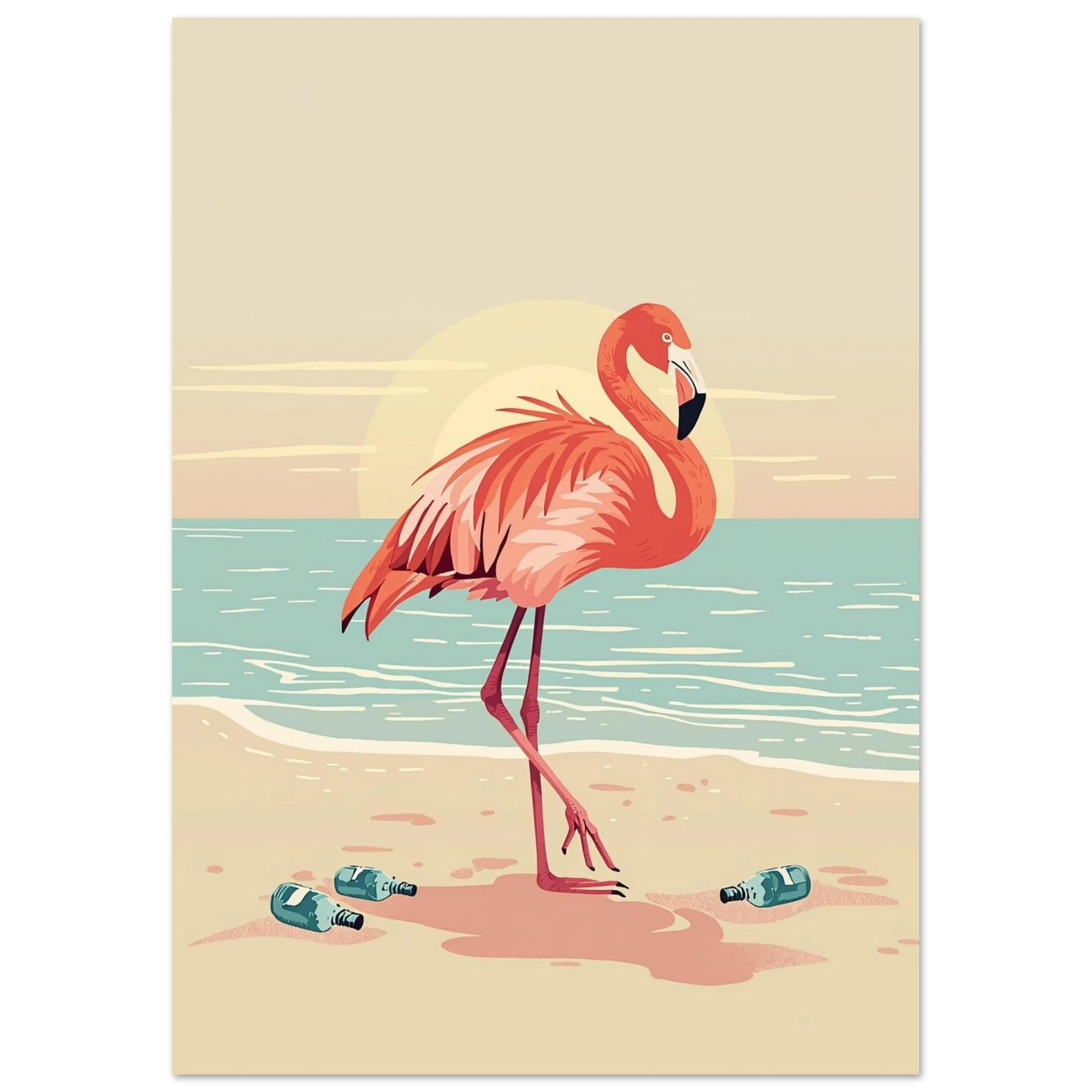 Grafisk poster av en flamingo vid vattenbrynet i varmt kvällsljus