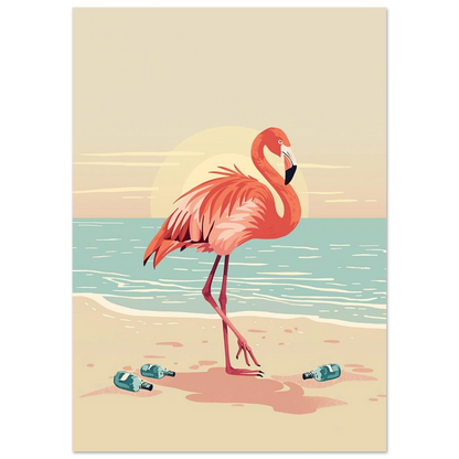 Grafisk poster av en flamingo vid vattenbrynet i varmt kvällsljus