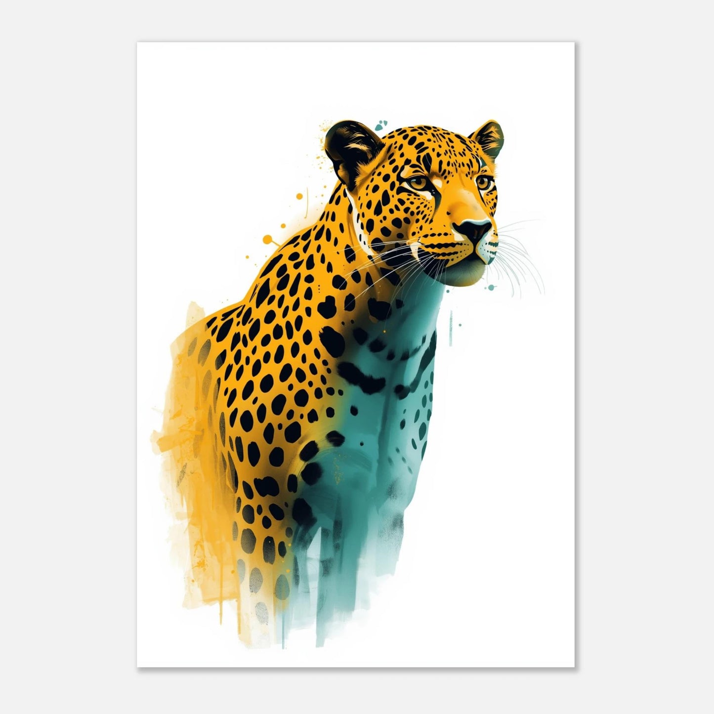 Digital illustration av en leopard med konstnärliga stänk och mjuk ljussättning