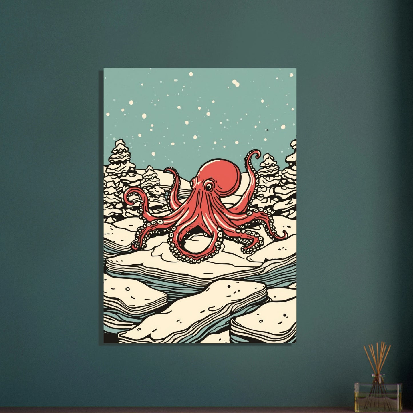 Bläckfisk i snöigt landskap, surrealistisk och konstnärlig vinterscen