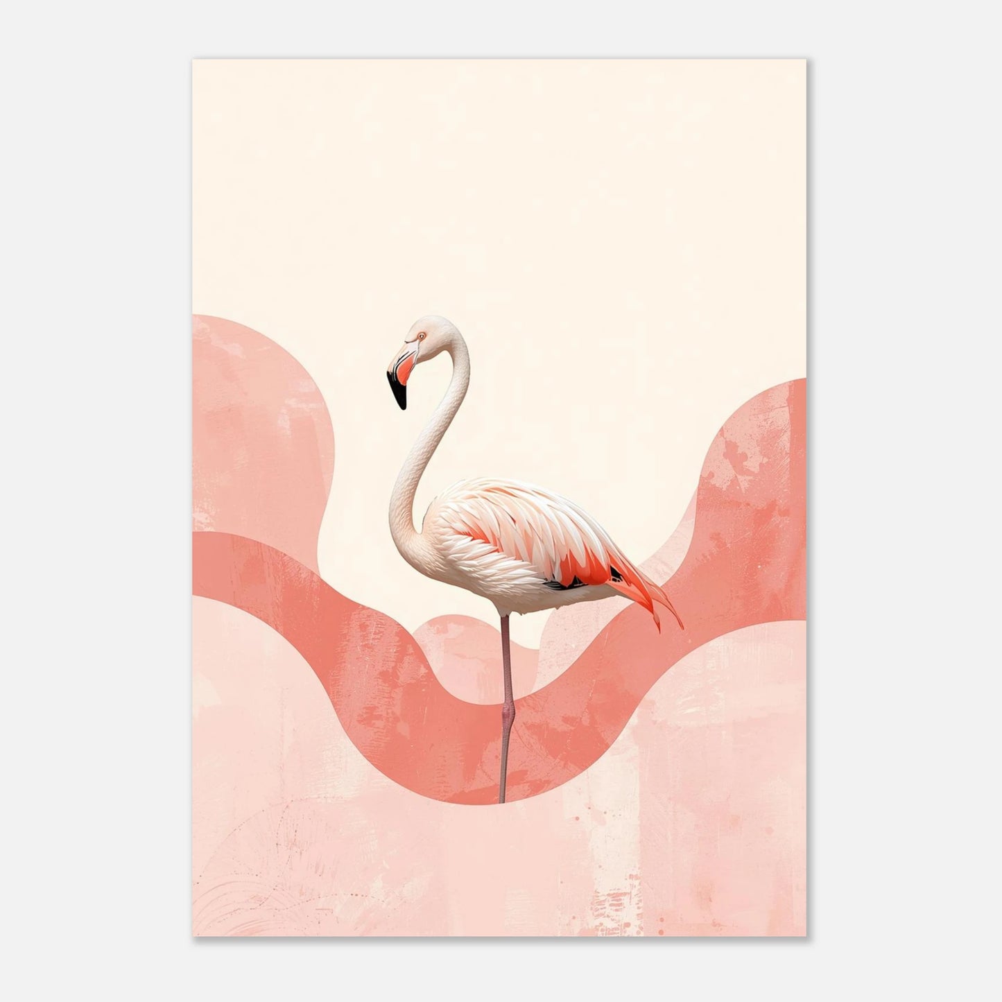 Stiliserad flamingoposter med fokus på fågelns unika siluett och mjuka färger