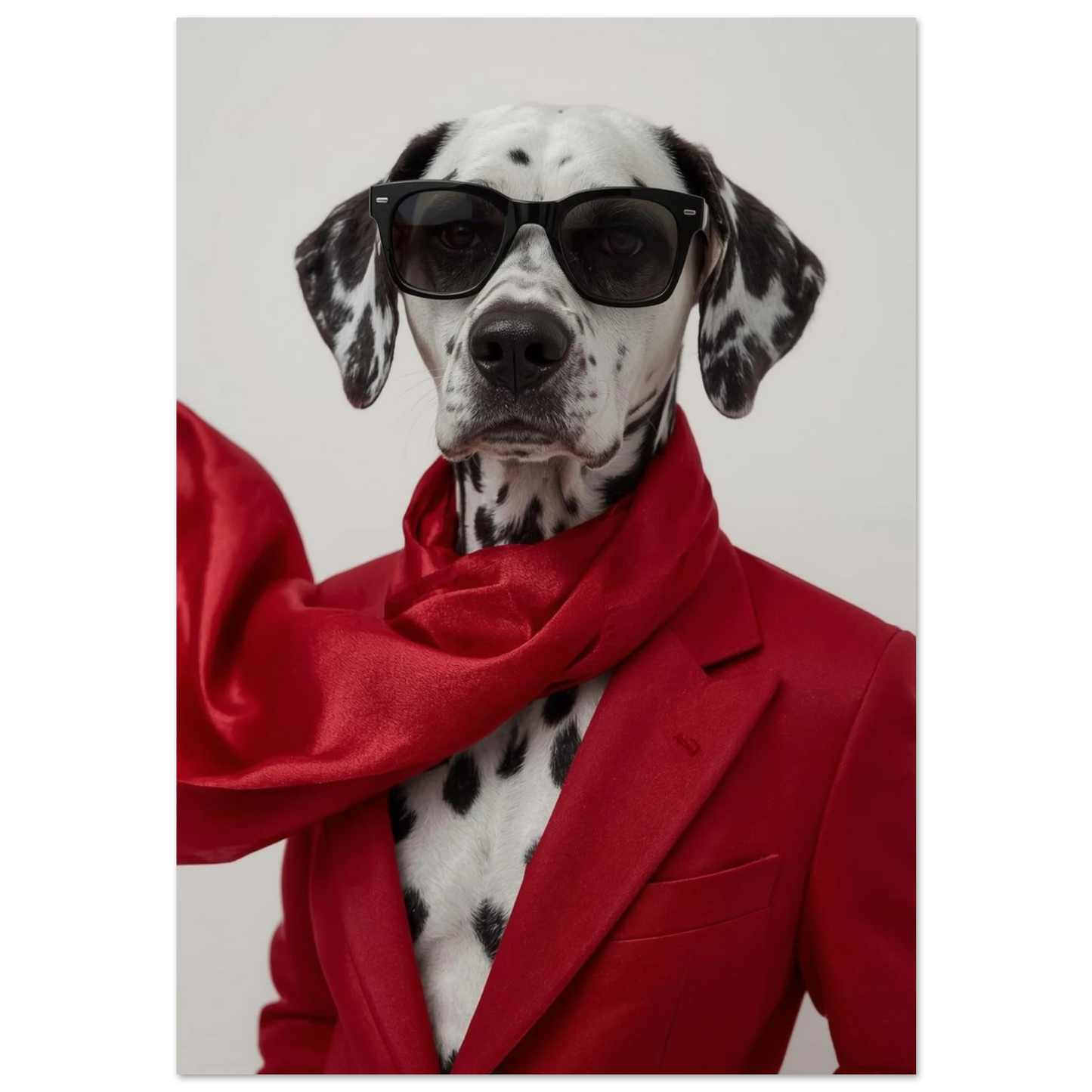 Dalmatiner i röd kavaj och solglasögon – humoristisk hundposter