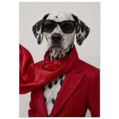 Dalmatiner i röd kavaj och solglasögon – humoristisk hundposter