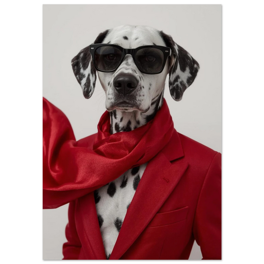 Dalmatiner i röd kavaj och solglasögon – humoristisk hundposter