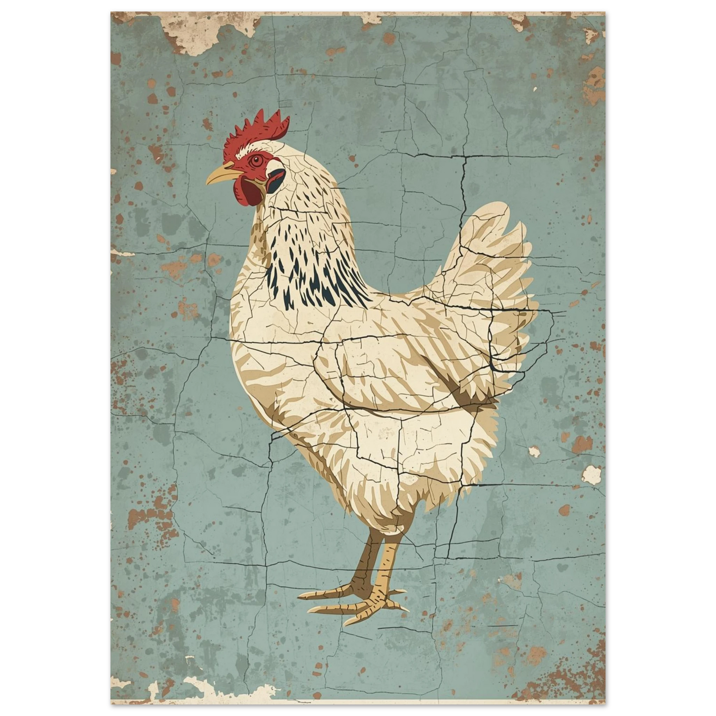 Lantlig illustration av en höna med vintageeffekt och krackelerad yta