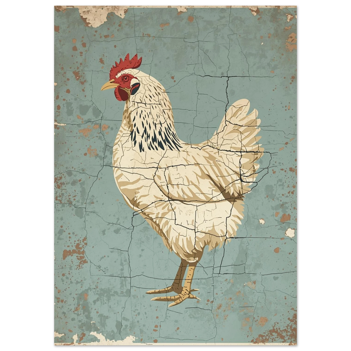 Lantlig illustration av en höna med vintageeffekt och krackelerad yta