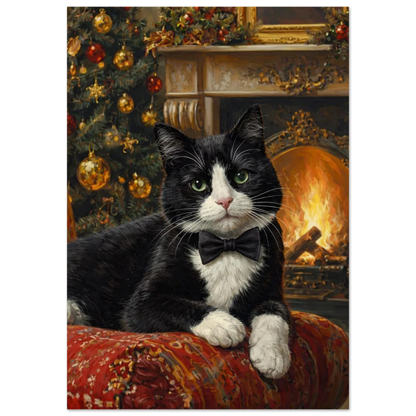 Julig svartvit Tuxedo-katt med grön ögon och fluga, liggandes framför julgran och brasa – Målad poster