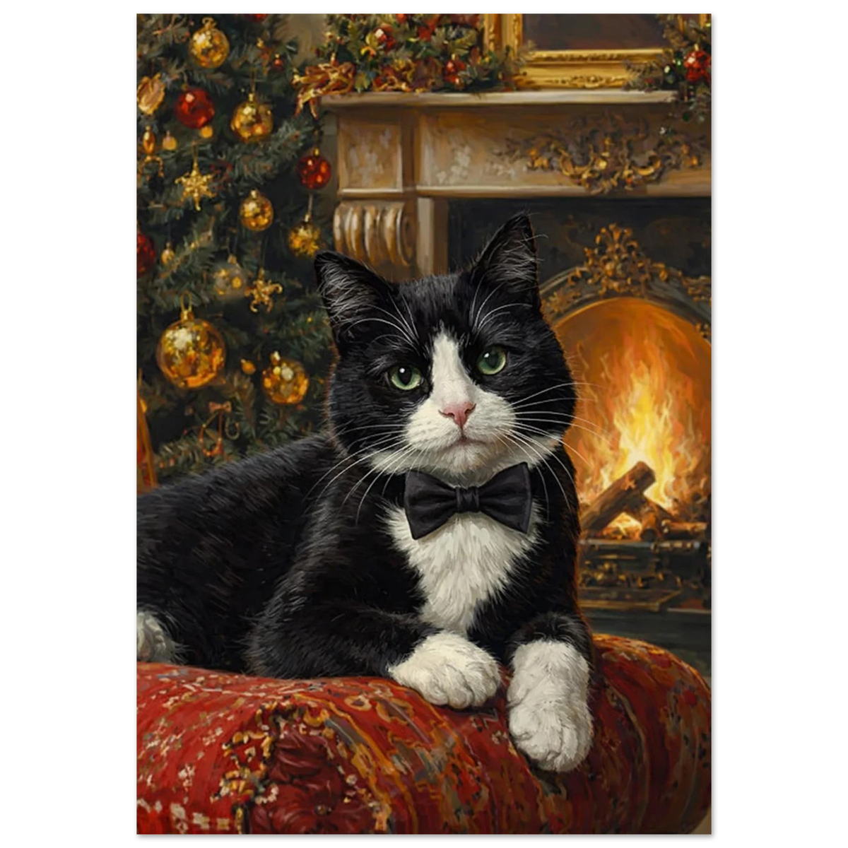 Julig svartvit Tuxedo-katt med grön ögon och fluga, liggandes framför julgran och brasa – Målad poster