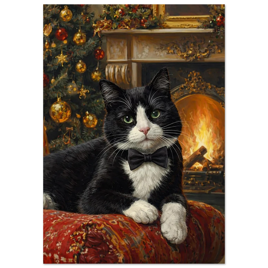 Julig svartvit Tuxedo-katt med grön ögon och fluga, liggandes framför julgran och brasa – Målad poster