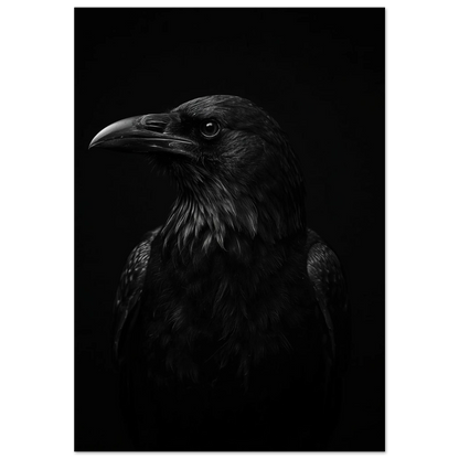 Närbild på korp i profil mot svart bakgrund, mörk fotokonst