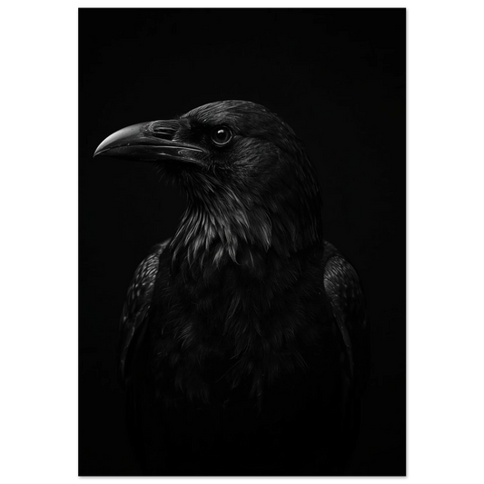 Närbild på korp i profil mot svart bakgrund, mörk fotokonst