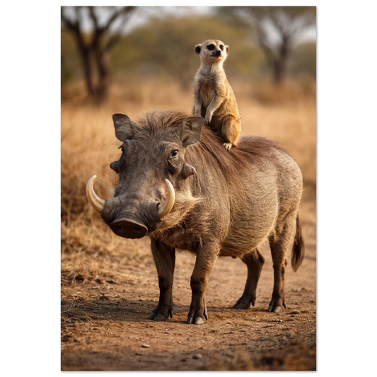 Vårtsvin med surikat på ryggen framifrån, blickar mot betraktaren – Fotorealistisk poster