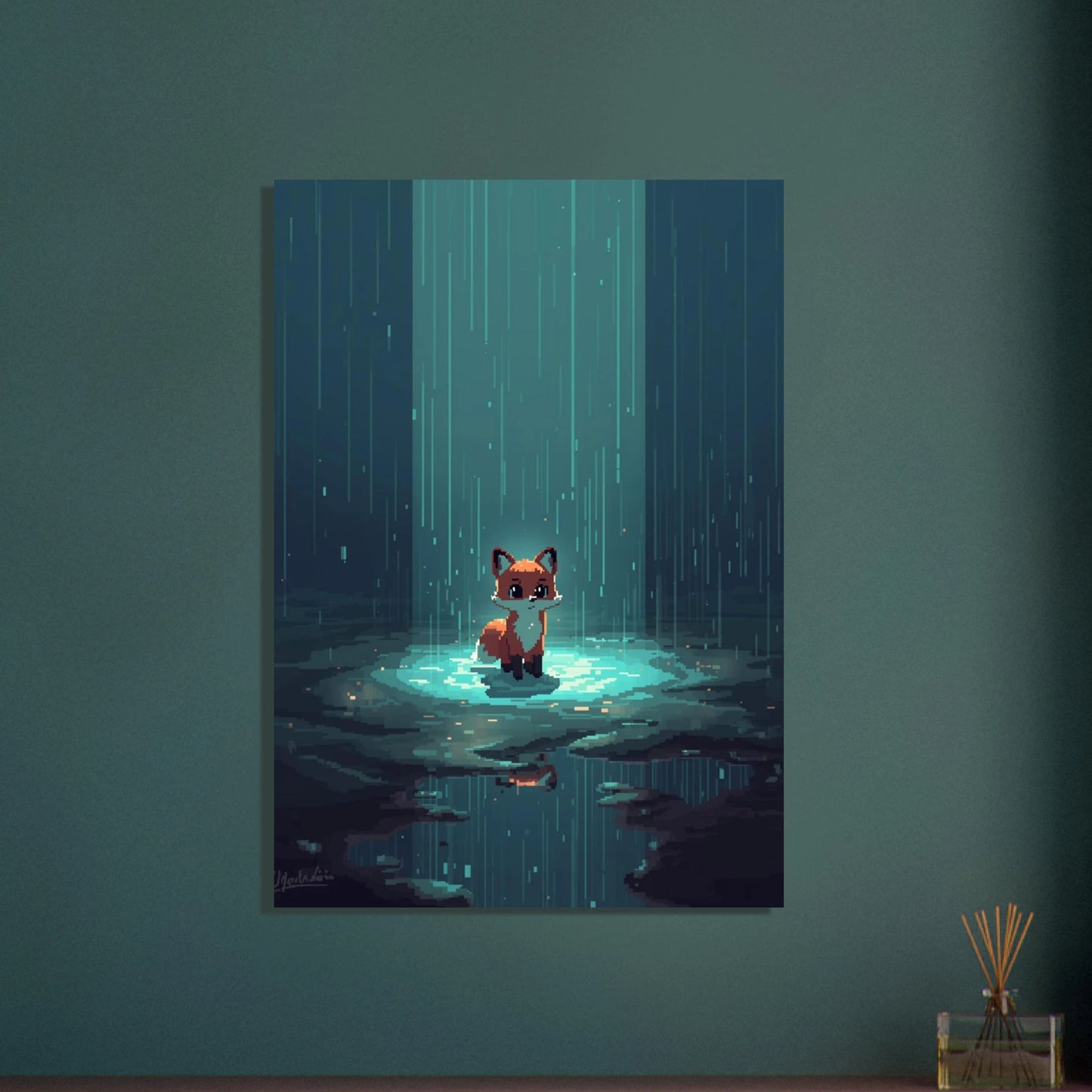 Liten räv i pixelkonst, stående i regn under natten