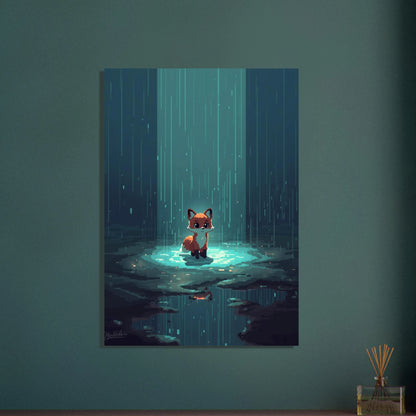 Liten räv i pixelkonst, stående i regn under natten