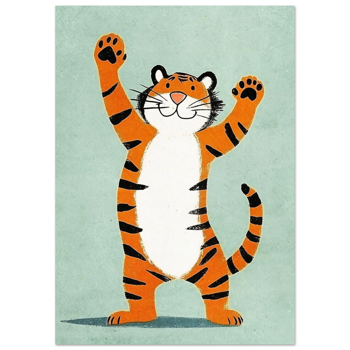 Charmig tigerillustration med uppsträckta tassar och vänligt ansikte, turkos väggkonst