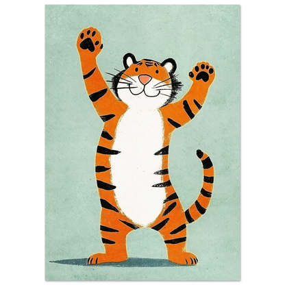 Charmig tigerillustration med uppsträckta tassar och vänligt ansikte, turkos väggkonst