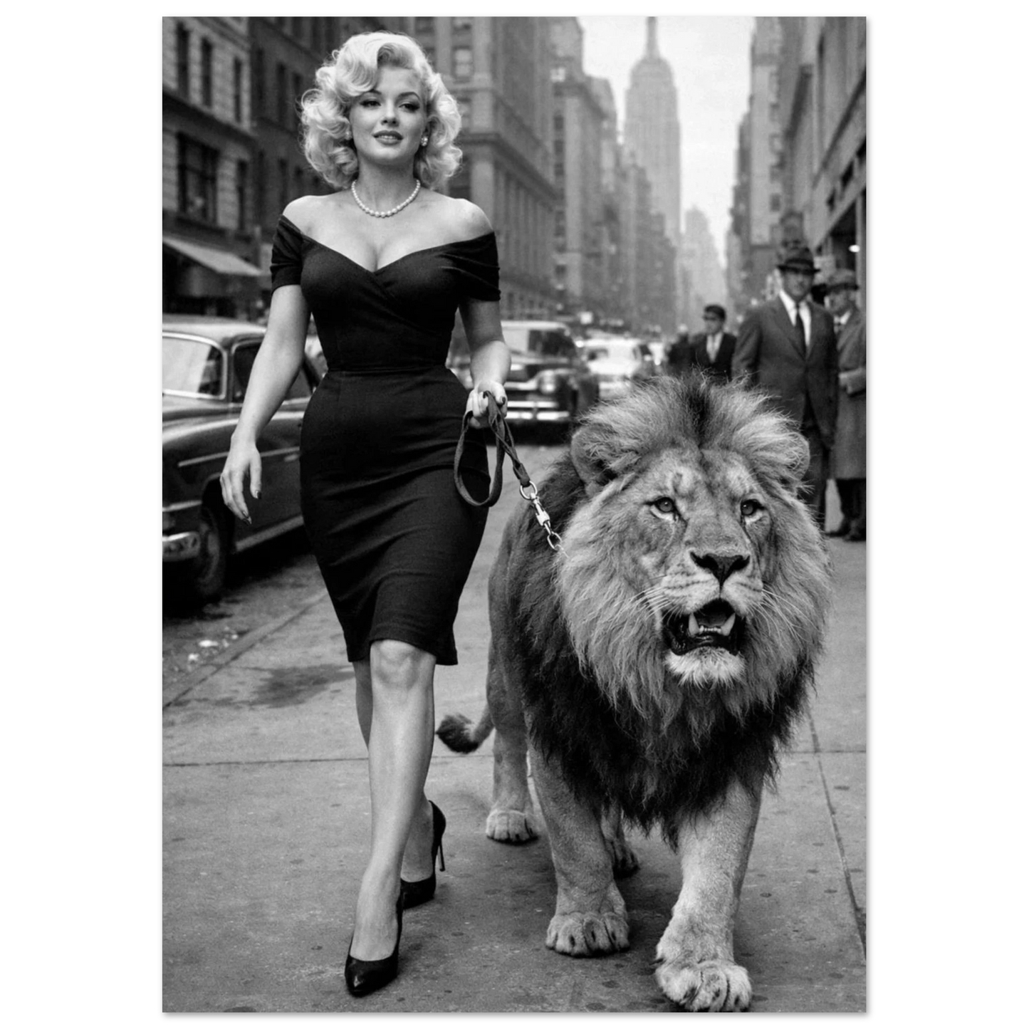 Närbild på svartvit tavla föreställande kvinna och lejon i urban miljö – Retro poster