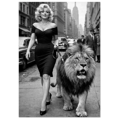 Närbild på svartvit tavla föreställande kvinna och lejon i urban miljö – Retro poster