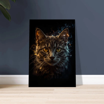 Mystisk katt med glödande ögon och magiska gnistor i mörkret.