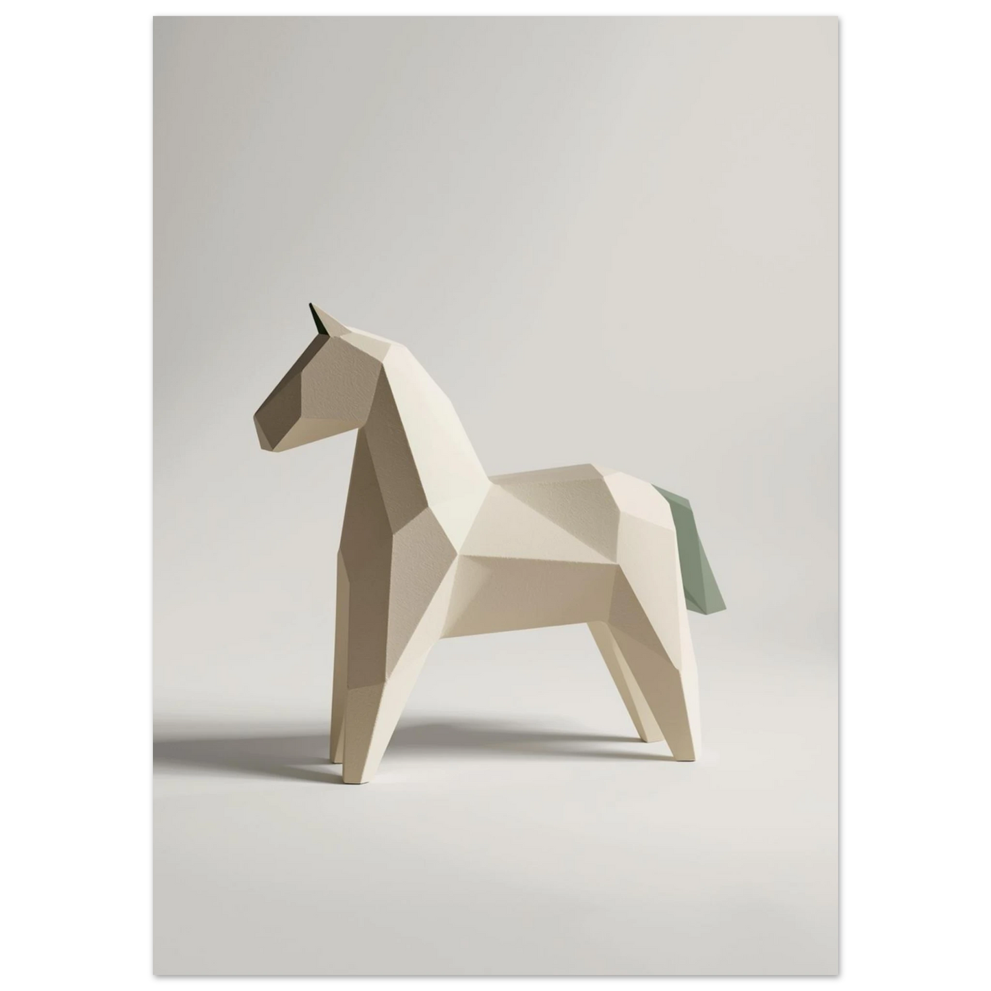Modern tolkning av dalahäst som minimalistisk skulptur i pappersliknande digital konst