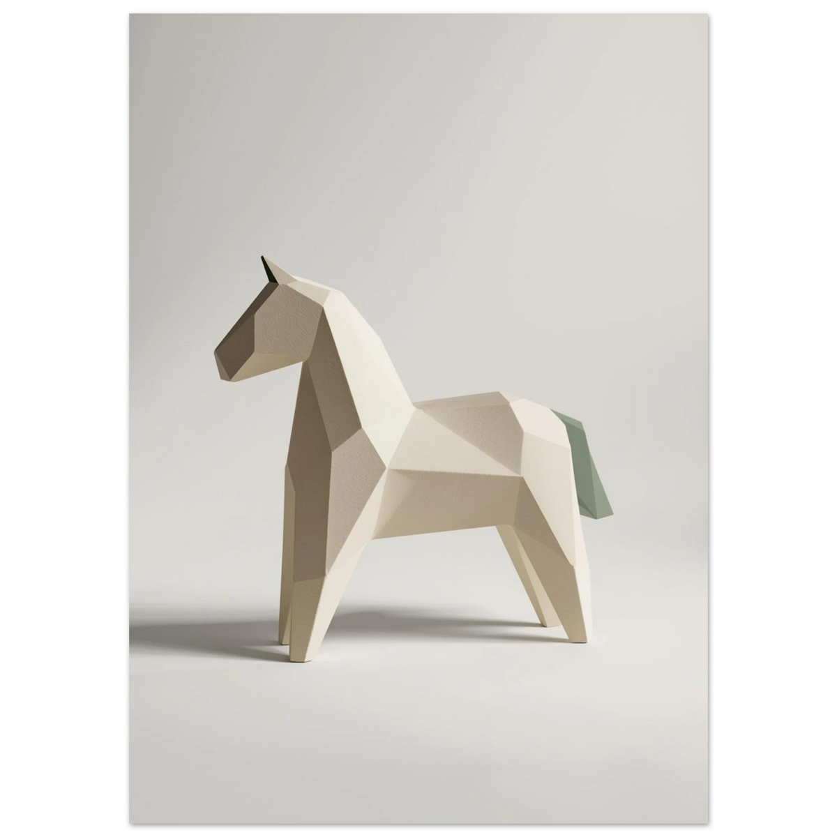Modern tolkning av dalahäst som minimalistisk skulptur i pappersliknande digital konst