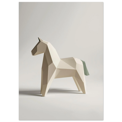 Modern tolkning av dalahäst som minimalistisk skulptur i pappersliknande digital konst
