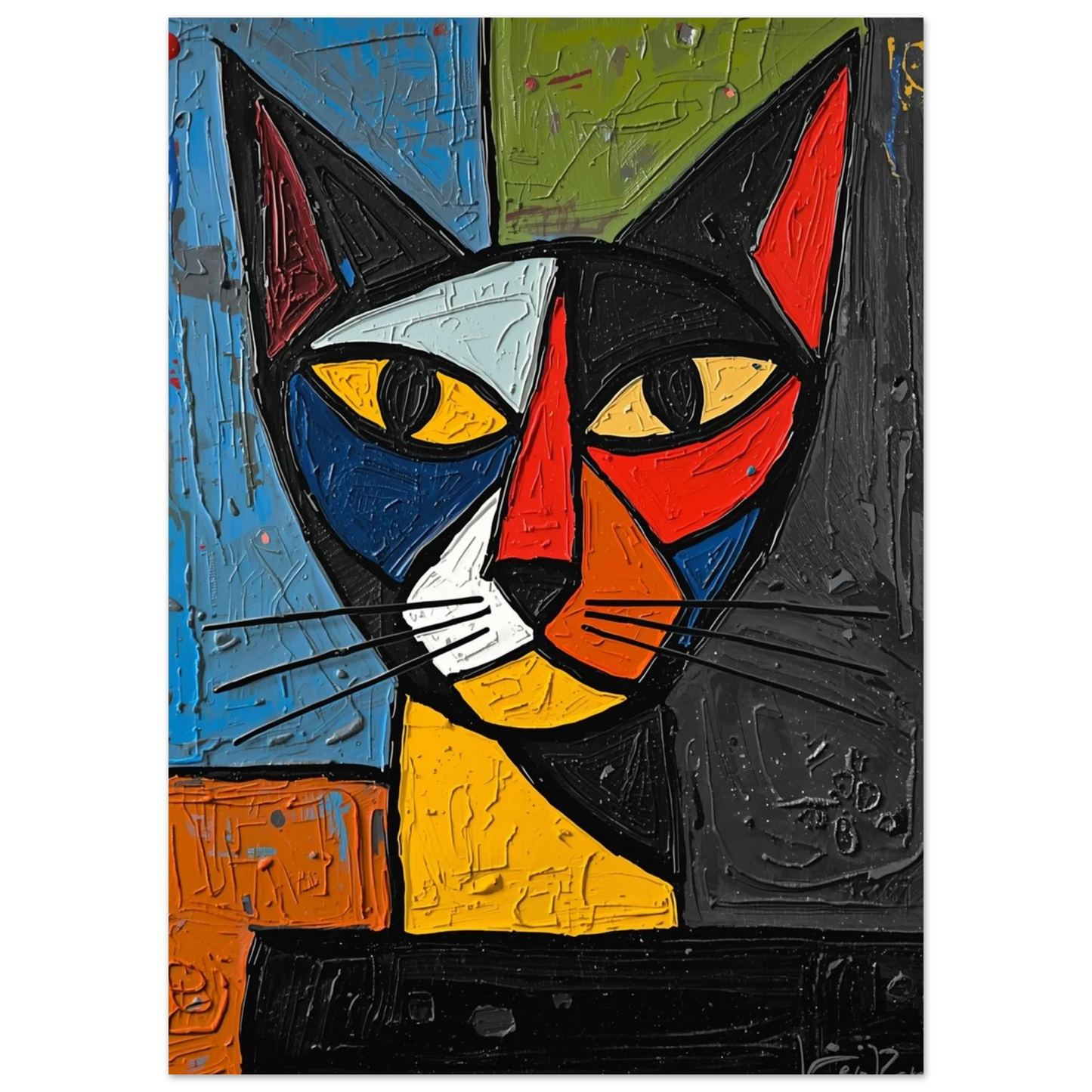 Abstrakt kattmotiv i närbild med blå, röda och gula färgblock på canvas