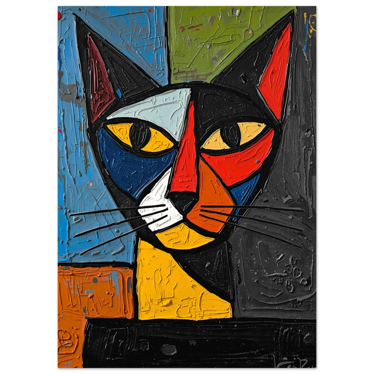 Abstrakt kattmotiv i närbild med blå, röda och gula färgblock på canvas