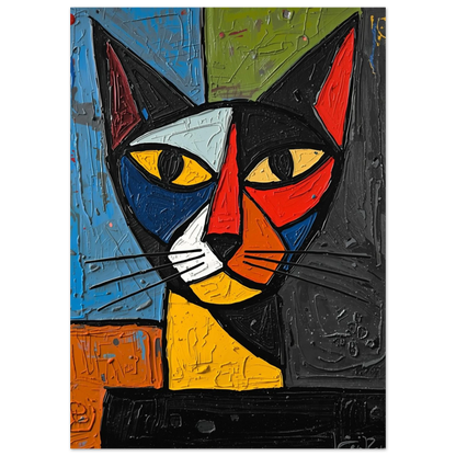 Abstrakt kattmotiv i närbild med blå, röda och gula färgblock på canvas
