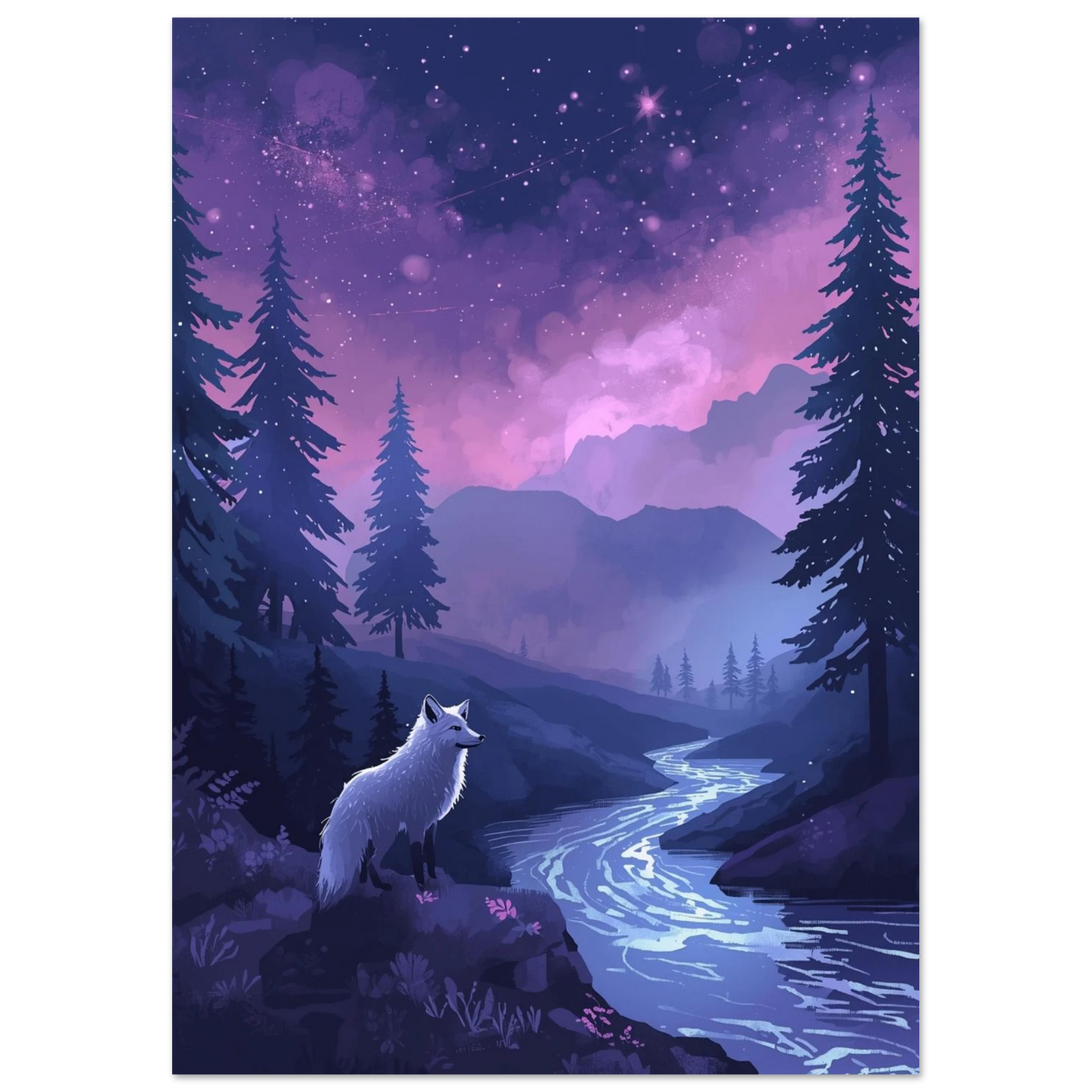 Drömlik illustration av en räv i en mystisk granskog med norrsken