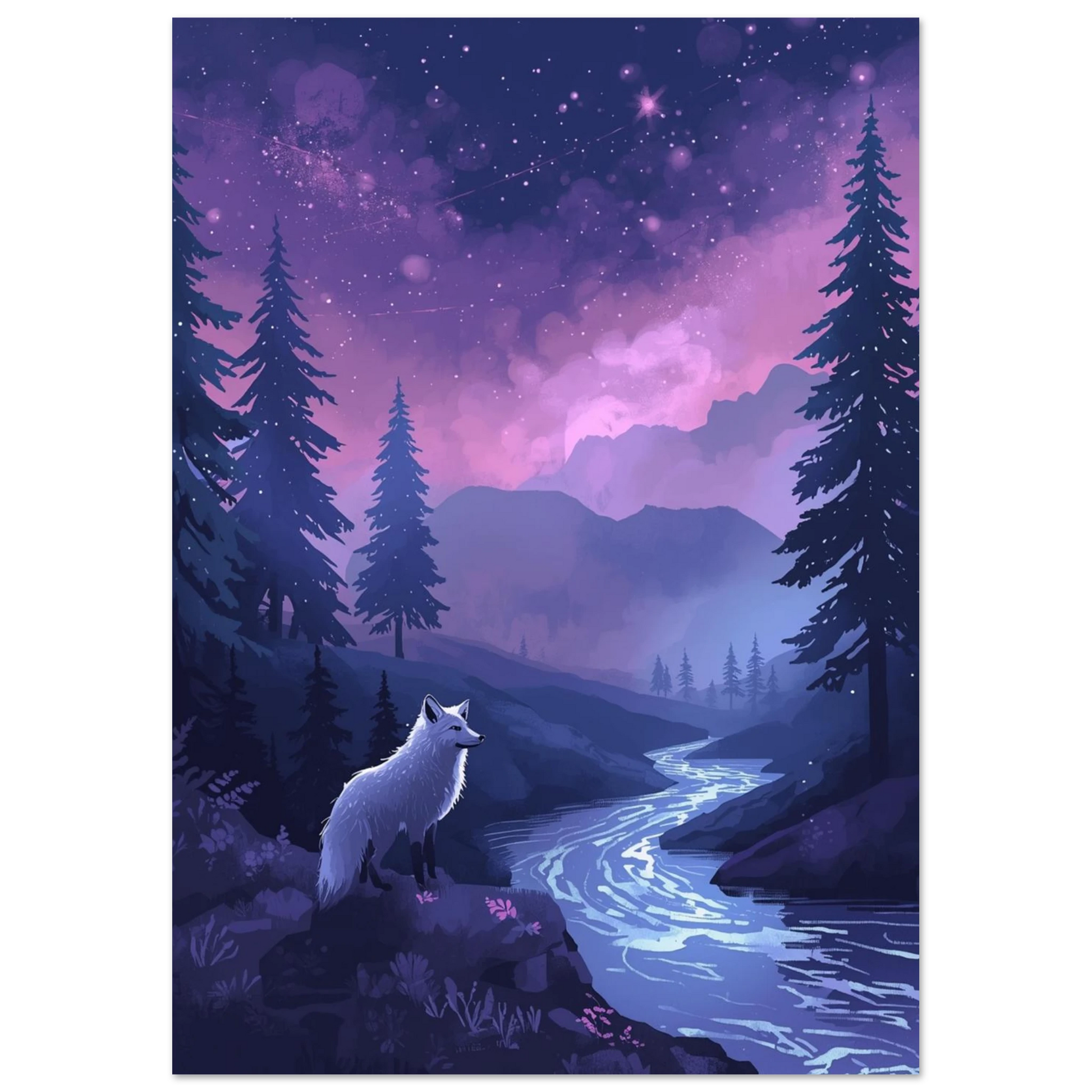 Drömlik illustration av en räv i en mystisk granskog med norrsken