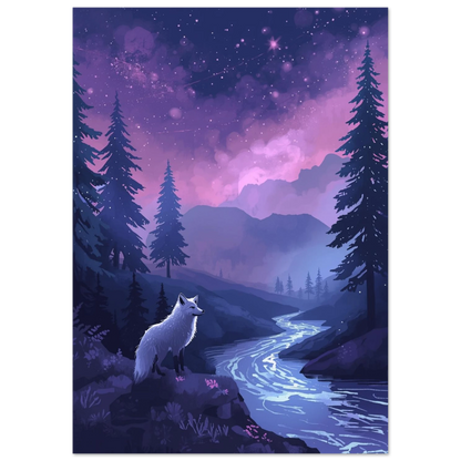 Drömlik illustration av en räv i en mystisk granskog med norrsken